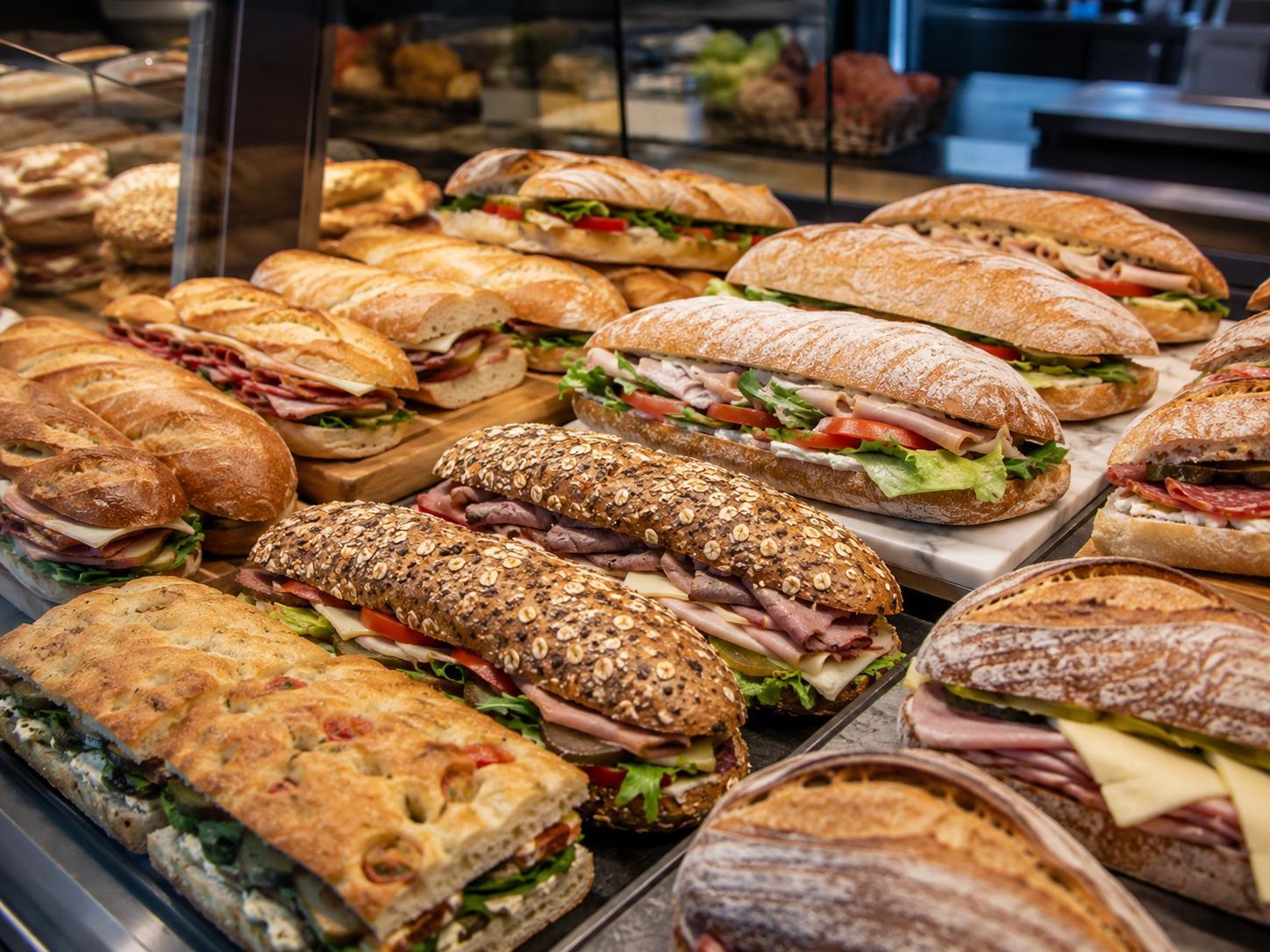 Freshly prepared artisan sandwiches displayed at a deli counter with various fillings and bread types